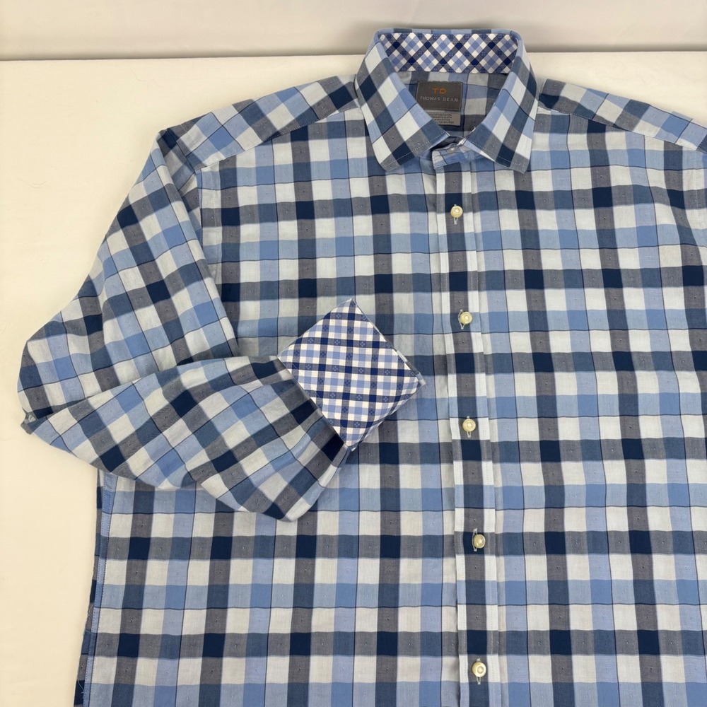 Thomas Dean Mens Blue Plaid Shirtmaker's Cloth Button Up‎ Dress Shirt Size Large
